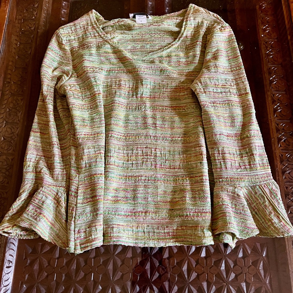 Boho Green Pink Bell Sleeve Women's Blouse - Picture 6 of 14
